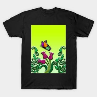 Tulips Flowers and Butterfly - Floral Art with 3D Effect T-Shirt